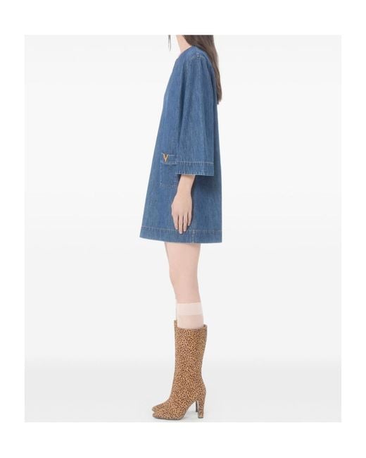 Valentino Blue Logo Plaque V-Neck Denim Dress