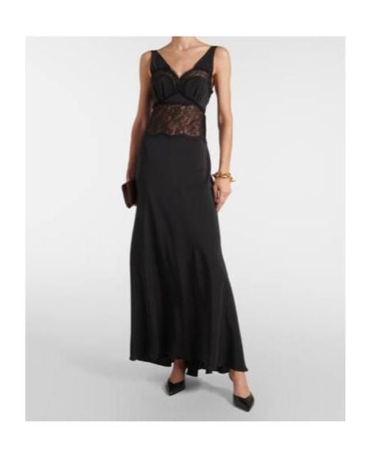 Victoria Beckham Black Lace-Trimmed Silk Midi Dress