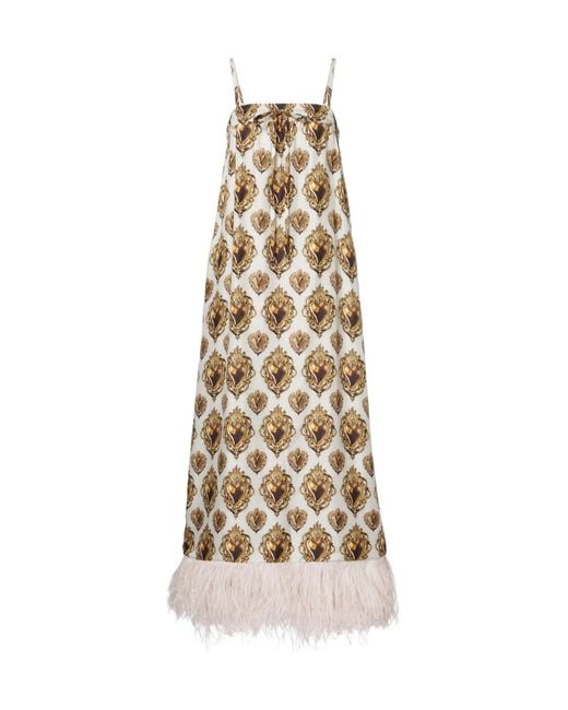 Dolce & Gabbana Natural Feather-Trimmed Printed Silk Maxi Dress