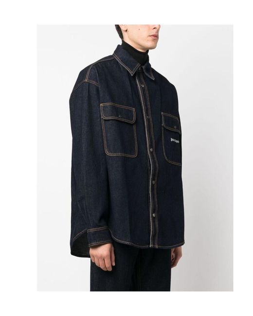 Palm Angels Blue Logo Embroidered Denim Shirt for men