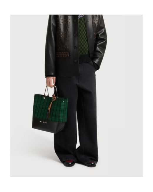 Marni Green Checked Twill Shopper Bag for men