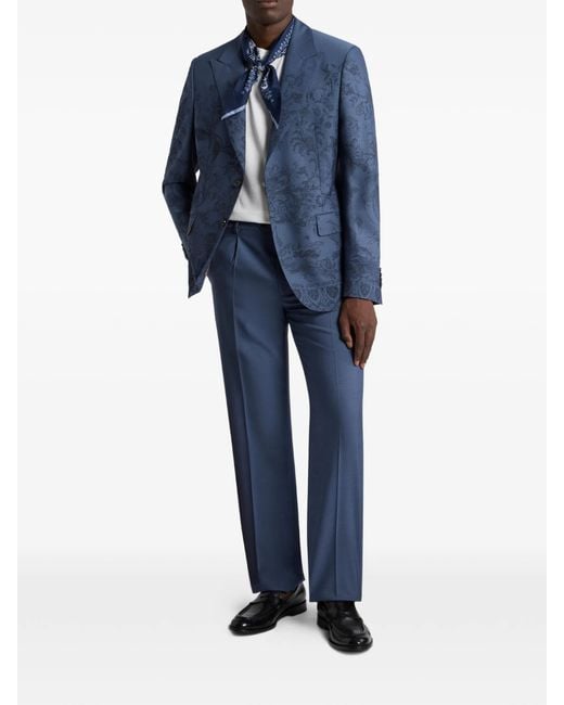 Etro Blue Single-Breasted Wool Jacquard Jacket With Flora And Fauna Motif for men