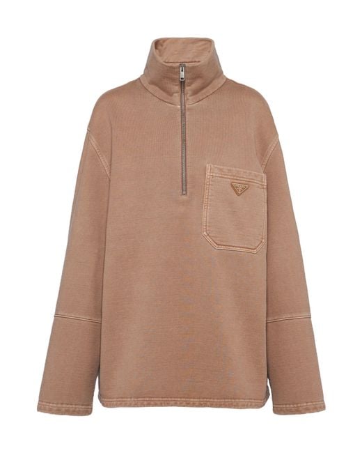 Prada Brown Turtleneck Cotton Fleece Blouson Jacket