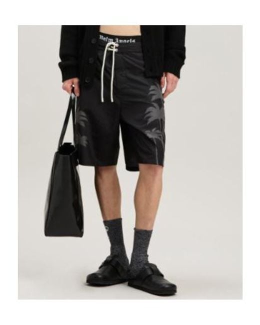 Palm Angels Black Palms Printed Drawstring Swim Shorts for men