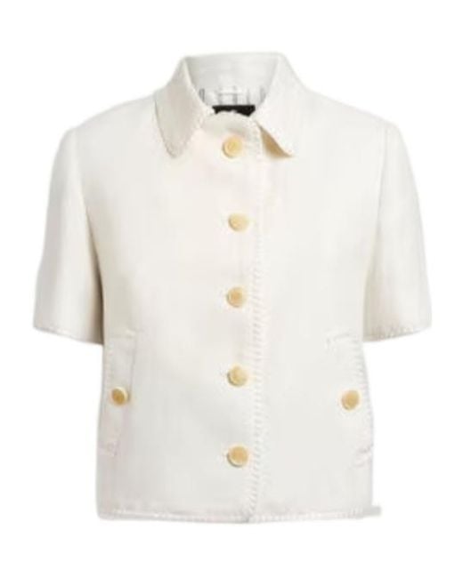 Etro White Short-Sleeved Cropped Linen Jacket With Pegaso Buttons