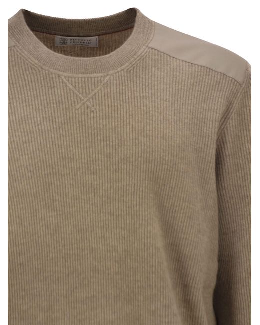 Brunello Cucinelli Brown Ribbed-Knit Cotton-Insert Sweater for men