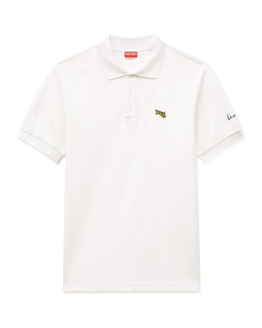KENZO White Jumping Tiger' Embroidered Slim Polo for men