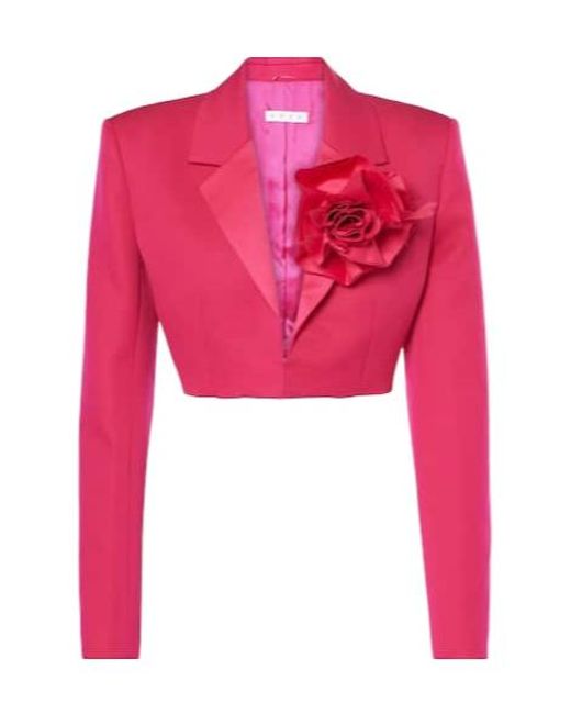 Area Red Floral-Appliqué Cropped Wool Blazer