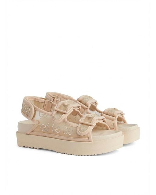 Gucci Natural Crystal-Embellished Monogram-Pattern Sandals