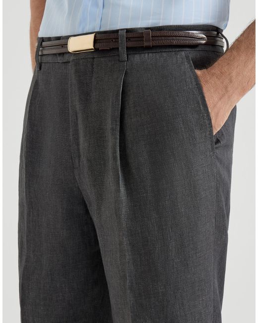 Brunello Cucinelli Gray Pleat Delave Linen Trousers for men