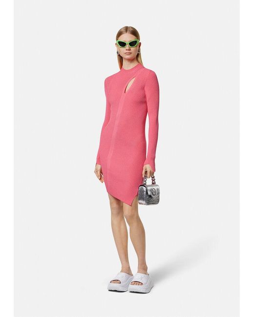 Versace Pink Ribbed-Knit Slashed Minidress