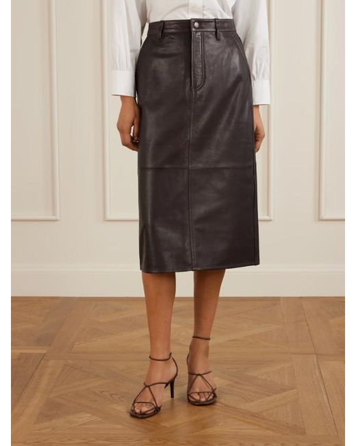 FRAME Brown Paneled Leather Midi Skirt
