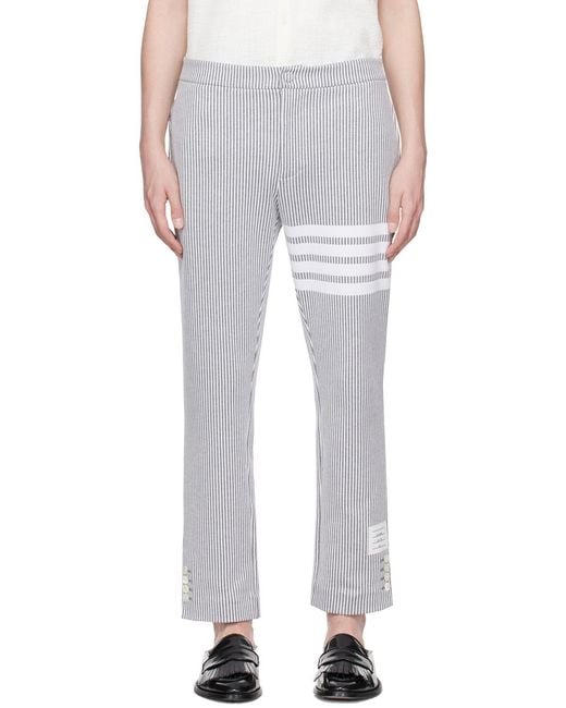 Thom Browne Gray 4-Bar Seersucker Tailored Trousers for men