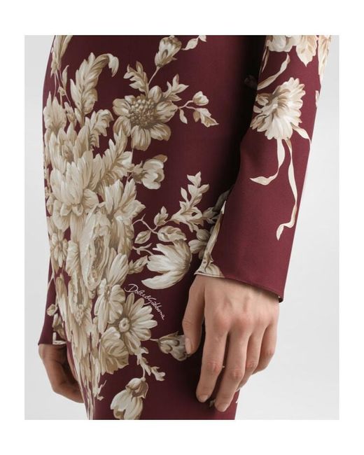 Dolce & Gabbana Red Floral-Print Long-Sleeve Midi Dress