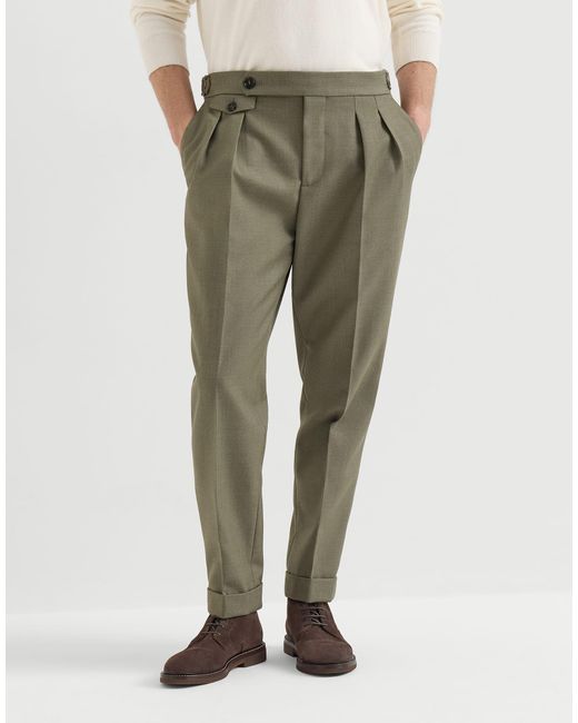 Brunello Cucinelli Green Virgin-Wool Diagonal Trousers With Reversed Double-Pleats And Waist-Tabs for men
