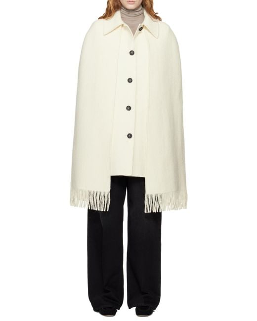Totême White Bouclé Fringe Cape Coat