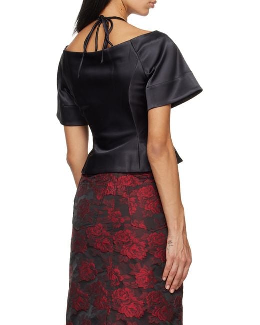 Ganni Black Halterneck Cropped Satin Blouse