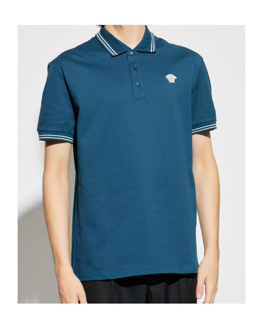 Versace Blue Medusa Embroidered Short-Sleeved Polo Shirt for men