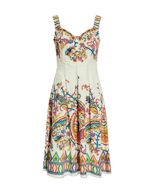 Etro White Paisley-Printed Pleated Midi Dress