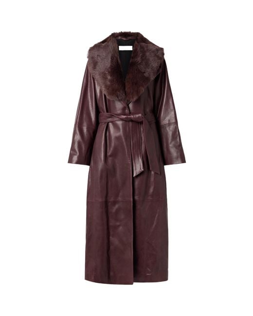 Nour Hammour Red Briona Belted Shearling-Trimmed Leather Coat