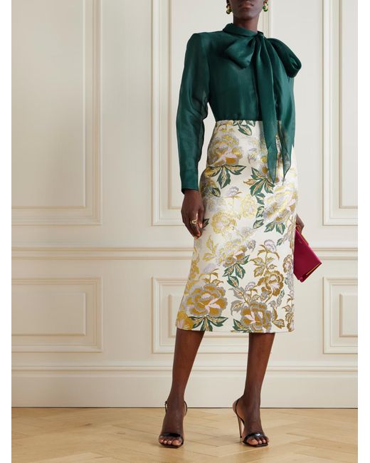 Carolina Herrera Metallic Floral Pattern Midi Skirt