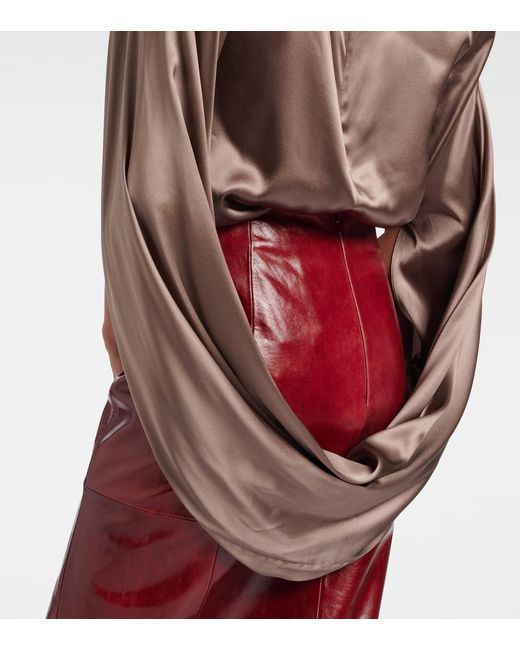 Mugler Brown Draped Silk-Blend Satin Top