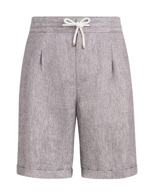 Brunello Cucinelli Gray Linen And Hemp Diagonal Bermuda Shorts With Drawstring And Double Pleats for men