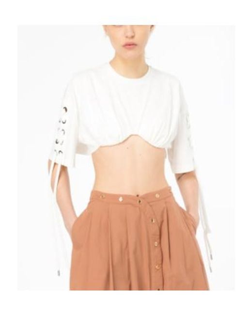 Pinko White Lace-Up Cropped T-Shirt