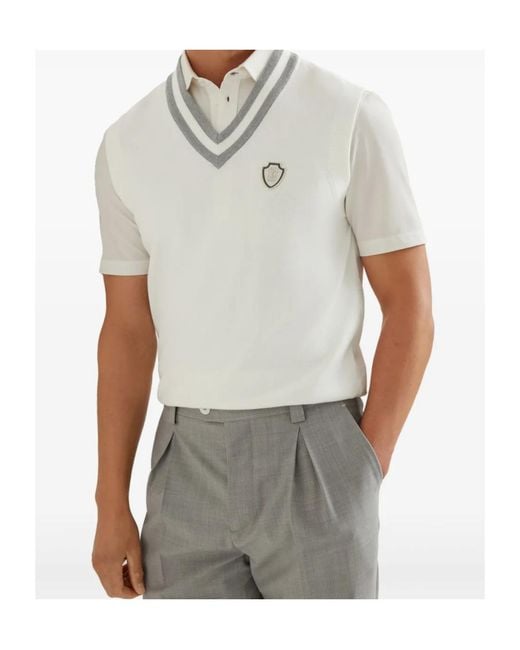 Brunello Cucinelli White V-Neck Logo Embroidered Vest for men