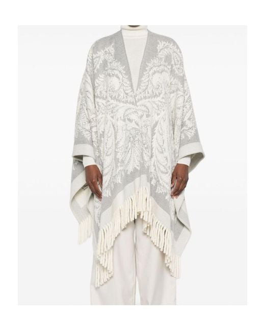 Etro White Paisley-Pattern Fringed Poncho