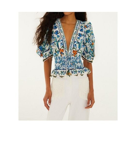Farm Rio Blue V-Neck Floral-Pattern Top