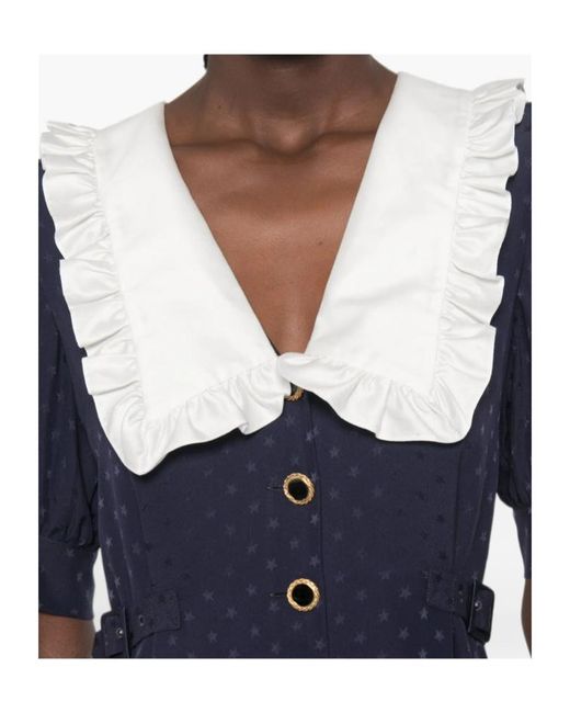 Alessandra Rich Blue Star-Jacquard Ruffled-Collar Mini Dress