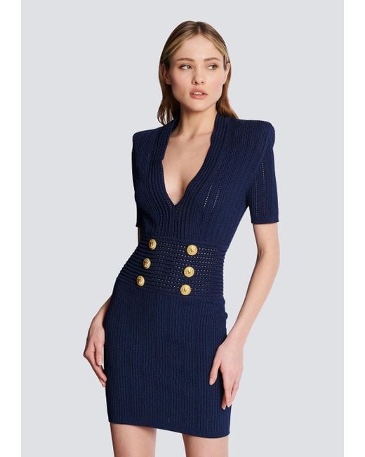 Balmain Blue Logo Button Embellished Knitted Dress