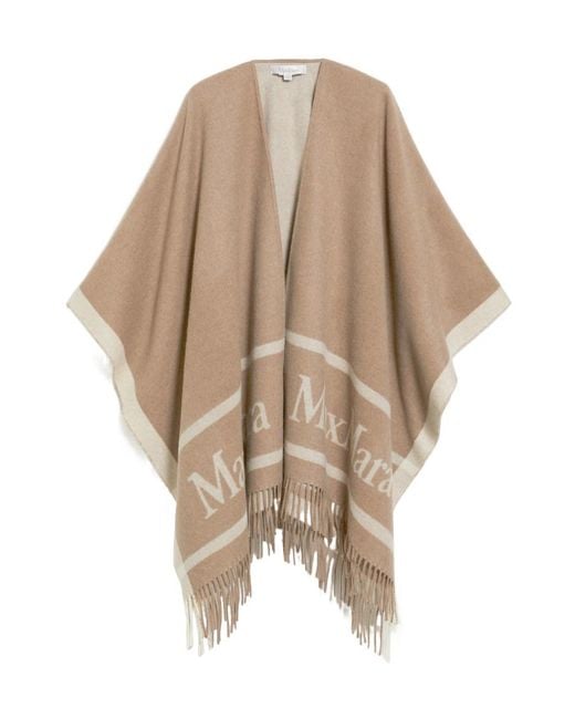 Max Mara Natural Logo Detailed Fringed Knitted Cape