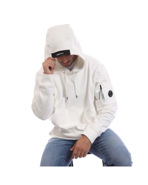 C P Company White Diagonal Raised Fleece Lens Hoodie for men
