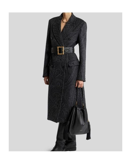 Etro Black Double-Breasted Wool Jacquard Coat With Paisley Motif