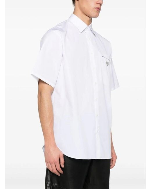 Prada White Triangle Enamel Logo Buttoned Shirt for men