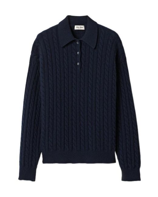 Miu Miu Blue Long-Sleeved Knitted Polo Shirt