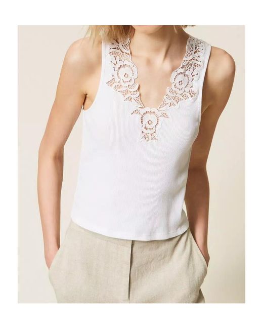Twinset White Lace Ribbed Top