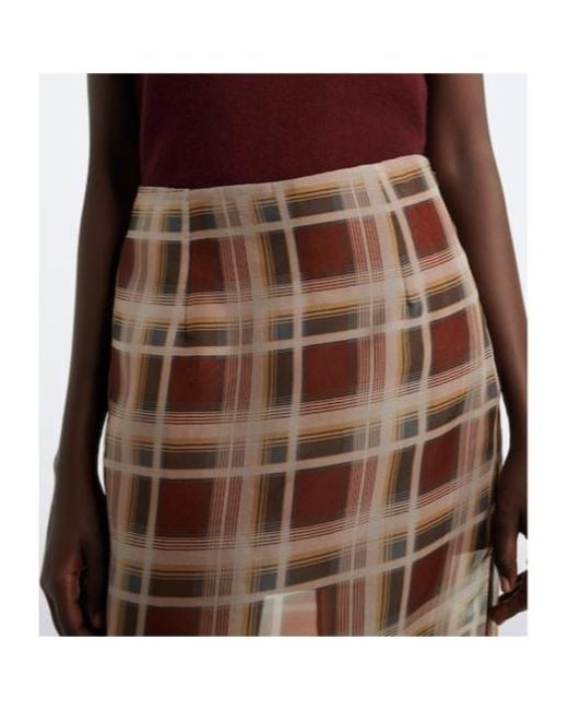 FRAME Brown Check Silk Midi Skirt