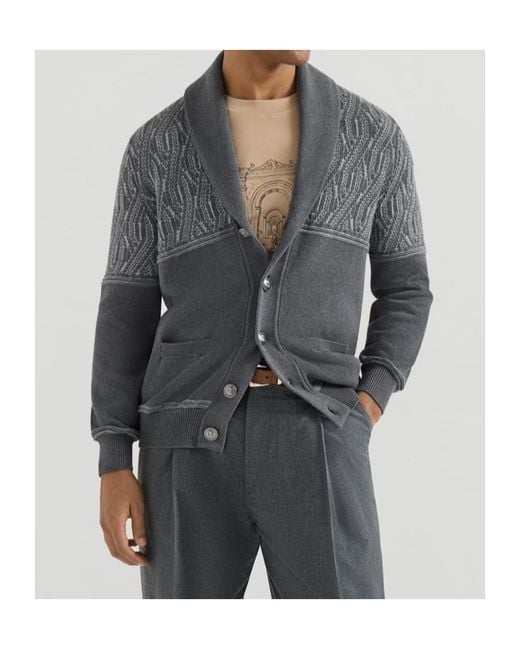 Brunello Cucinelli Gray Cotton Shawl-Collar Cardigan With Jacquard Cable Shoulder for men