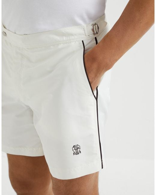Brunello Cucinelli White Logo Embroidered Buttoned Swim Shorts for men