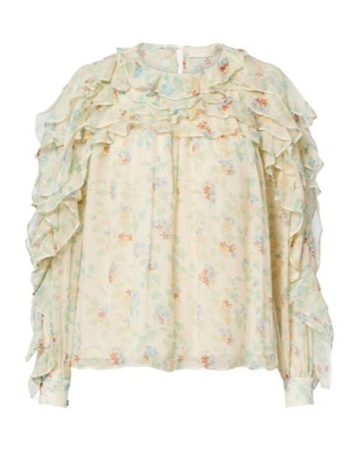 Ulla Johnson Natural Willow Ruffled Floral Silk Blouse
