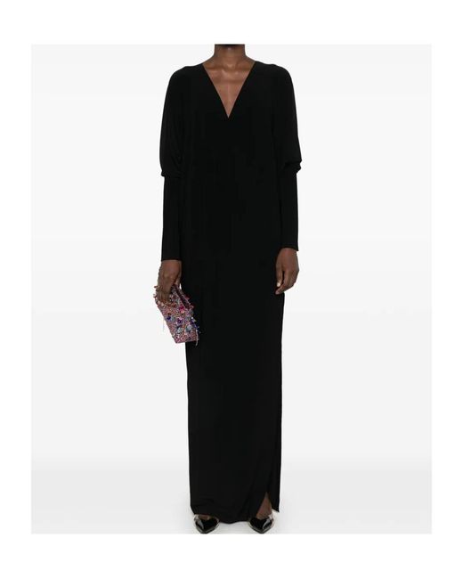 Norma Kamali Black Draped V-Neck Long Dress With Dolman Sleeves