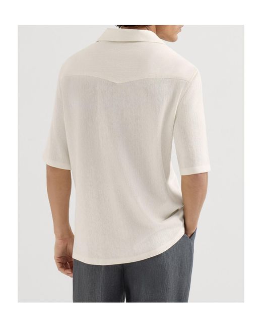 Brunello Cucinelli White Linen And Cotton Chevron Jersey Short Sleeve Shirt With Camp Collar for men