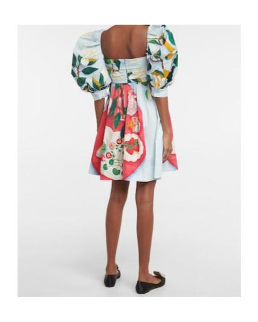 Oscar de la Renta White Tablescape Puff-Sleeve Cotton Poplin Minidress