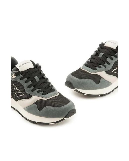 Emporio Armani Gray Logo Embroidered Mesh Panelled Sneakers for men