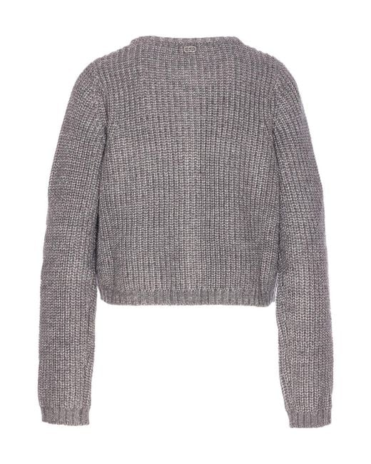 Liu Jo Gray Ribbed-Knit Crewneck Cardigan