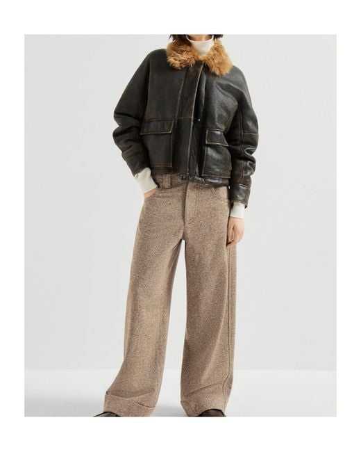 Brunello Cucinelli Gray Shearling Aviator Jacket With Monili