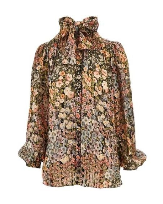 Valentino Brown Floral Printed Long-Sleeved Blouse